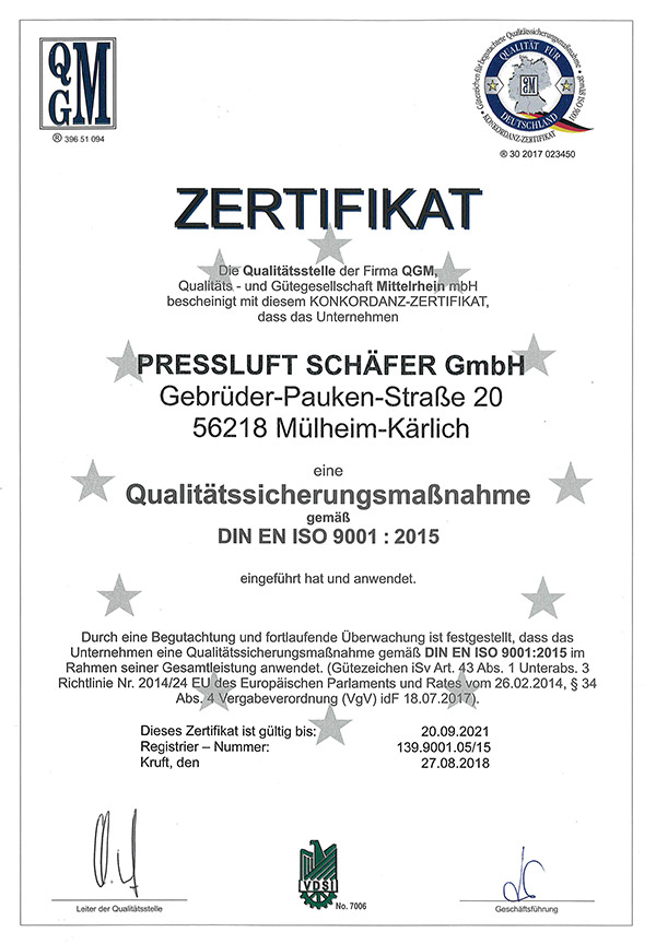 Pressluft Schäfer QGM Zertifikat 2021